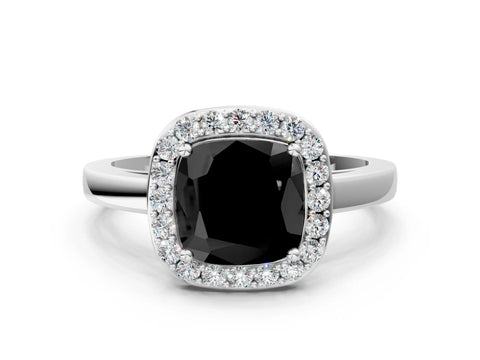 White gold Fancy Black Cushion Cut Halo Diamond Ring with Solitaire Band and Prong Setting