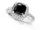 White gold Fancy Black Cushion Cut Halo Diamond Solitaire with Filigree Band and Four-Prong Setting_1