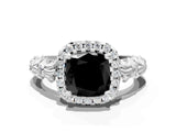 White gold Fancy Black Cushion Cut Halo Diamond Solitaire with Filigree Band and Four-Prong Setting