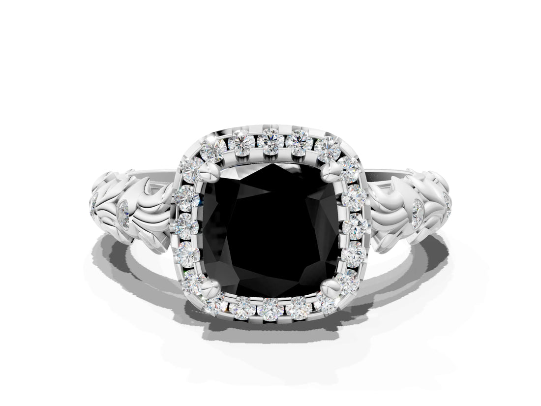 White gold Fancy Black Cushion Cut Halo Diamond Solitaire with Filigree Band and Four-Prong Setting