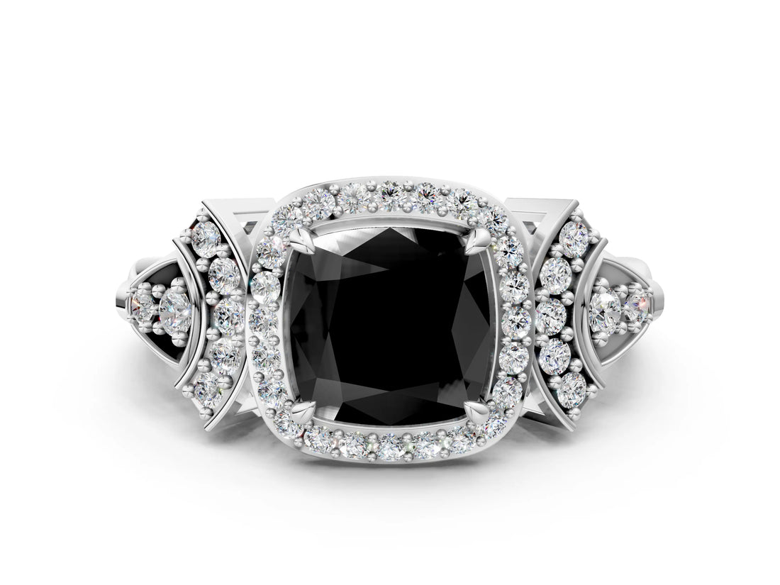White gold Fancy Black Cushion Cut Halo Diamond Split Shank Engagement Ring with Four-Prong Setting
