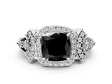 White gold Fancy Black Cushion Cut Halo Diamond Split Shank Engagement Ring with Four-Prong Setting