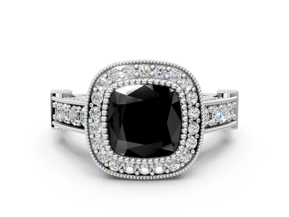 White gold Fancy Black Cushion Cut Halo Diamond Split Shank Pave Ring