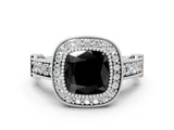 White gold Fancy Black Cushion Cut Halo Diamond Split Shank Pave Ring