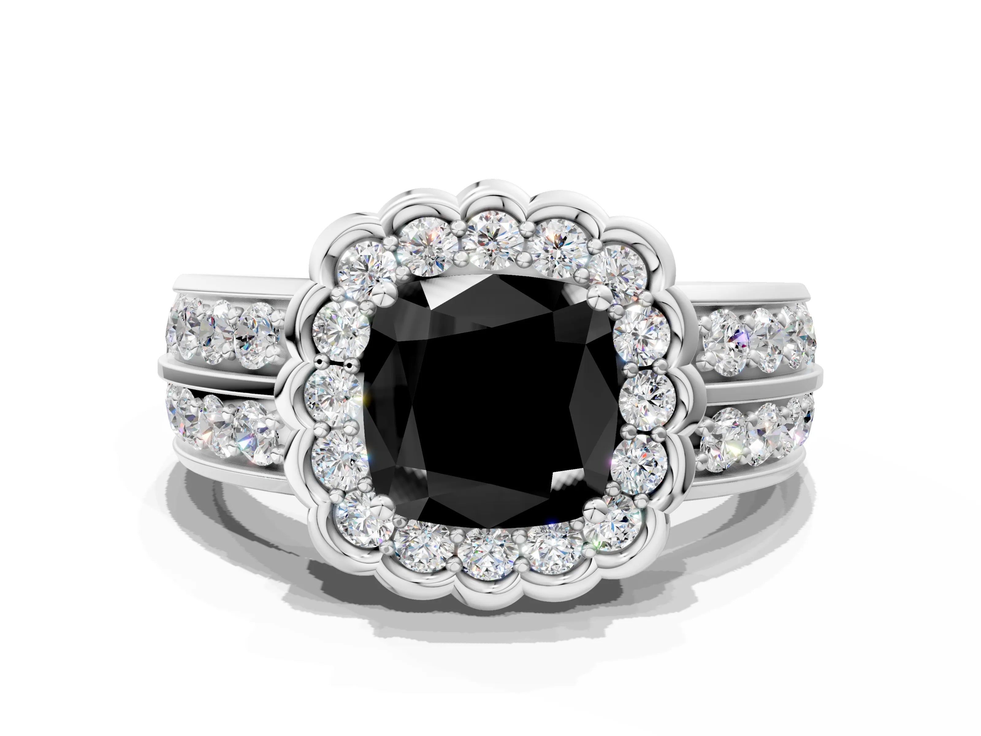 White gold Fancy Black Cushion Cut Halo Diamond Split Shank Ring with Scalloped Prong Setting