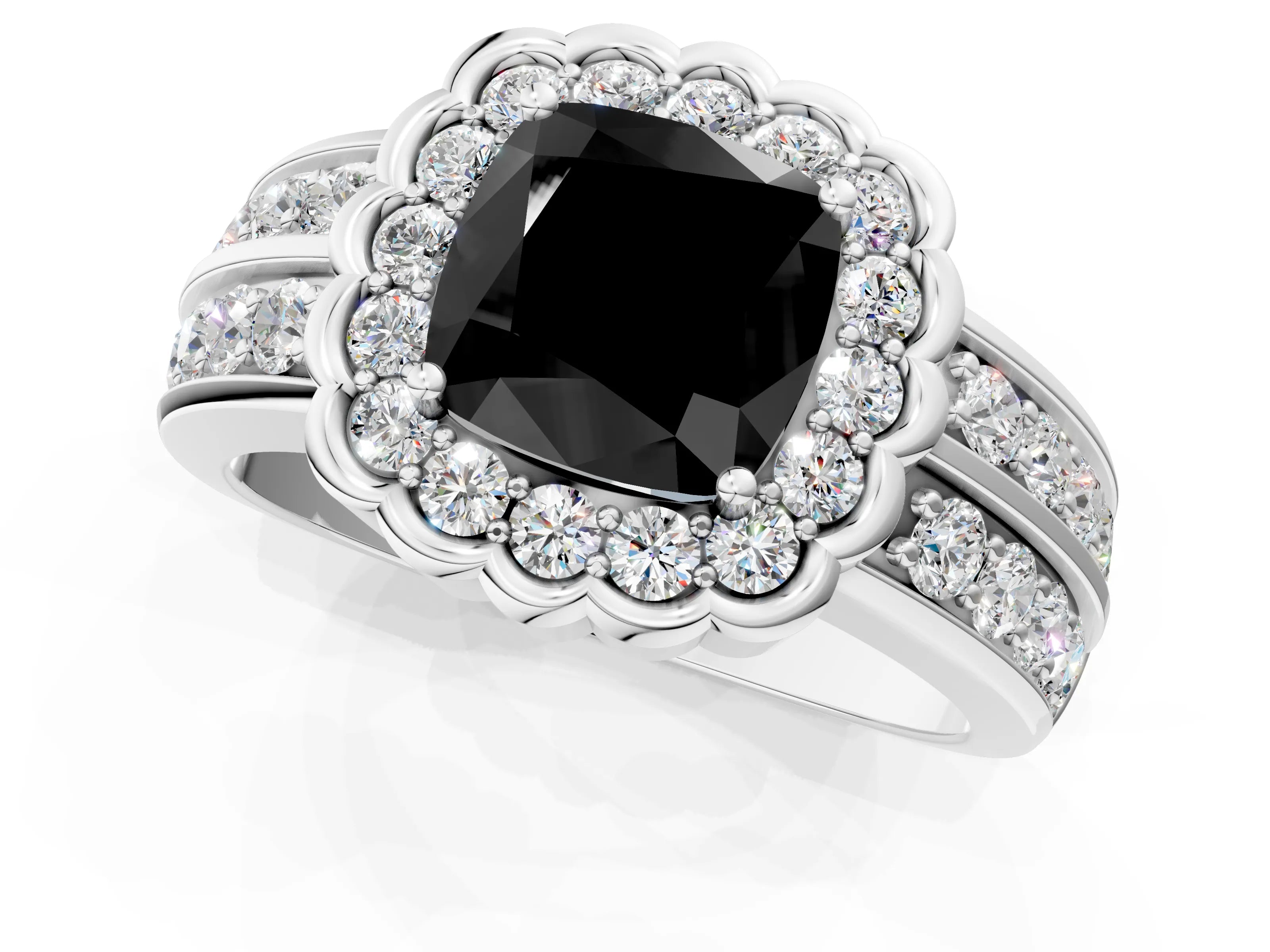 White gold Fancy Black Cushion Cut Halo Diamond Split Shank Ring with Scalloped Prong Setting_1