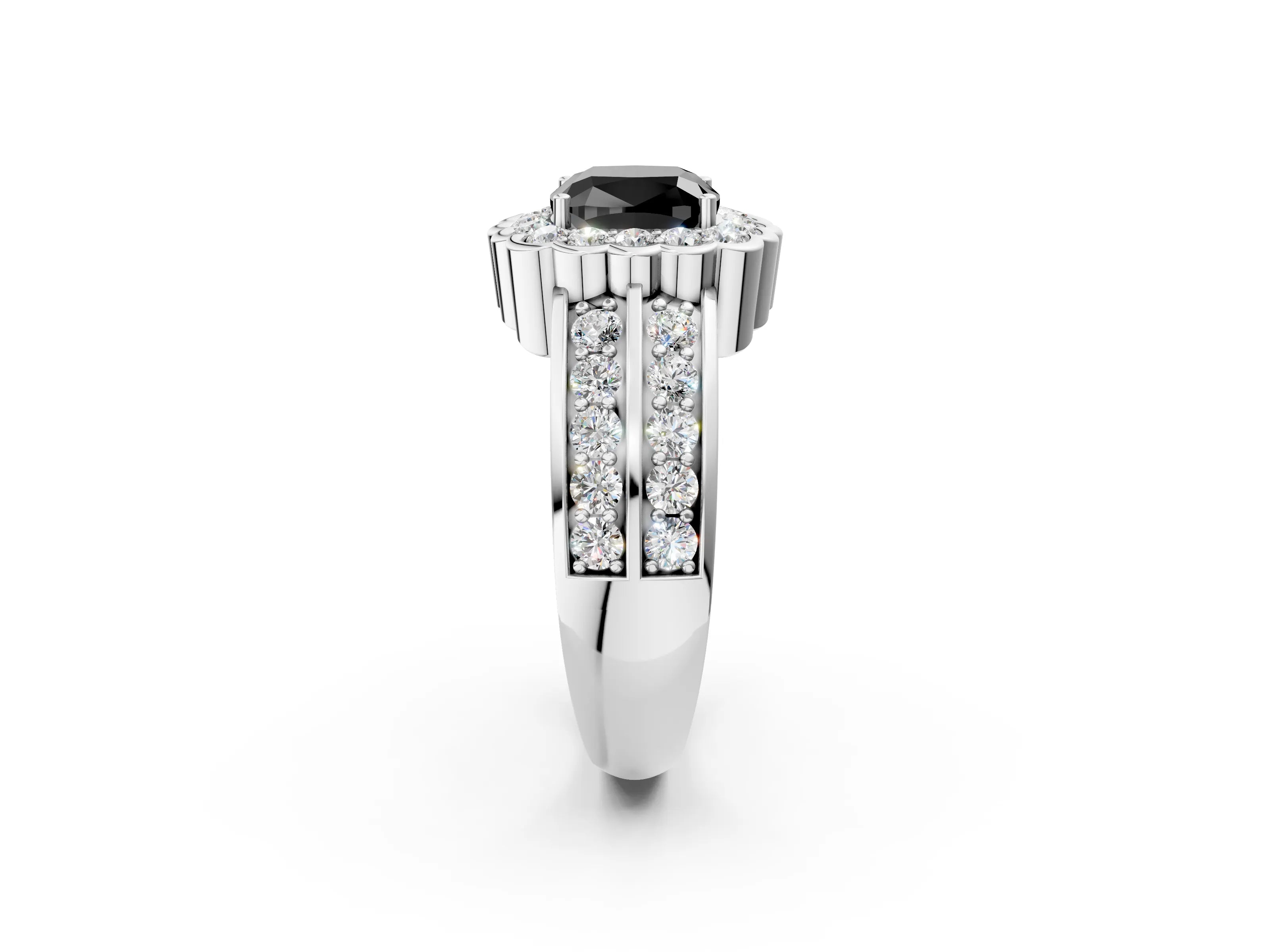 White gold Fancy Black Cushion Cut Halo Diamond Split Shank Ring with Scalloped Prong Setting_14