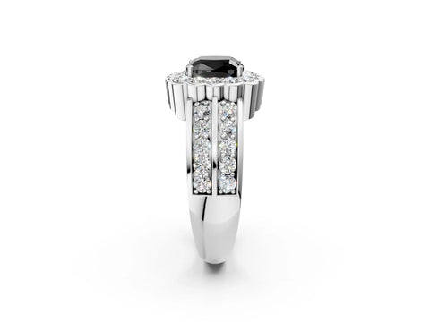 White gold Fancy Black Cushion Cut Halo Diamond Split Shank Ring with Scalloped Prong Setting_14