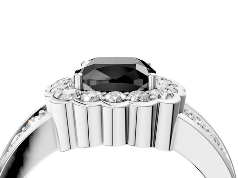 White gold Fancy Black Cushion Cut Halo Diamond Split Shank Ring with Scalloped Prong Setting_16