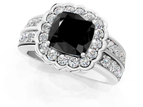 White gold Fancy Black Cushion Cut Halo Diamond Split Shank Ring with Scalloped Prong Setting_1