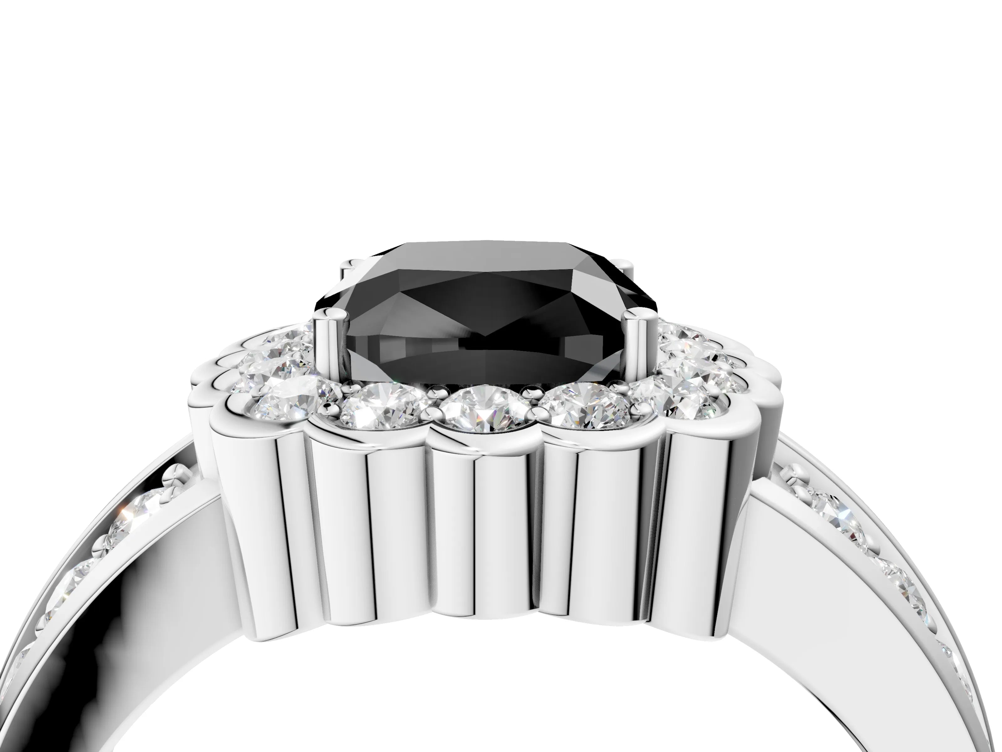 White gold Fancy Black Cushion Cut Halo Diamond Split Shank Ring with Scalloped Prong Setting_4