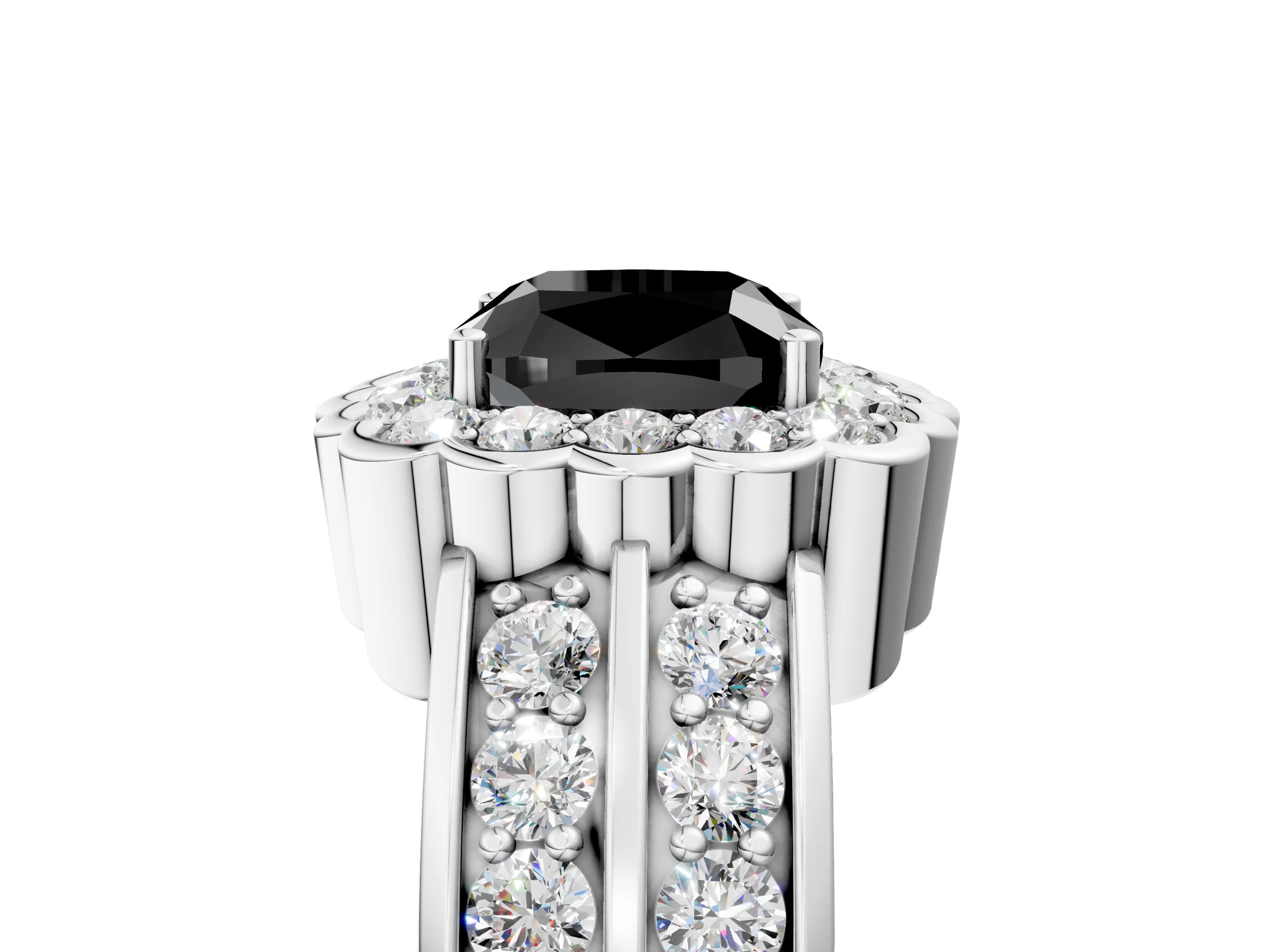 White gold Fancy Black Cushion Cut Halo Diamond Split Shank Ring with Scalloped Prong Setting_5