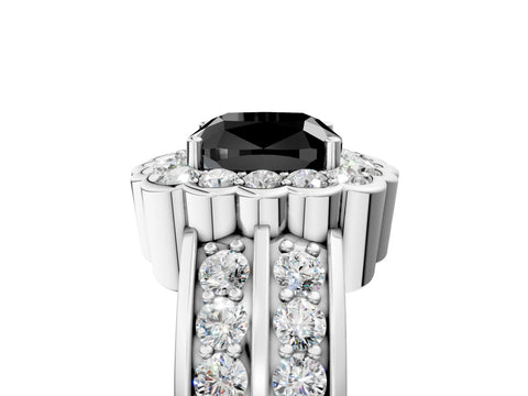 White gold Fancy Black Cushion Cut Halo Diamond Split Shank Ring with Scalloped Prong Setting_5