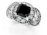 White gold Fancy Black Cushion Cut Halo Milgrain Diamond Engagement Ring with Leaf Band and Four-Prong Setting_1