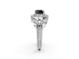 White gold Fancy Black Cushion Cut Halo Milgrain Diamond Engagement Ring with Leaf Band and Four-Prong Setting_2
