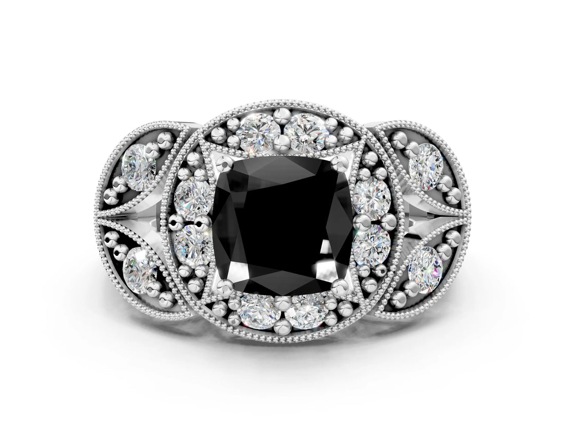 White gold Fancy Black Cushion Cut Halo Milgrain Diamond Engagement Ring with Leaf Band and Four-Prong Setting
