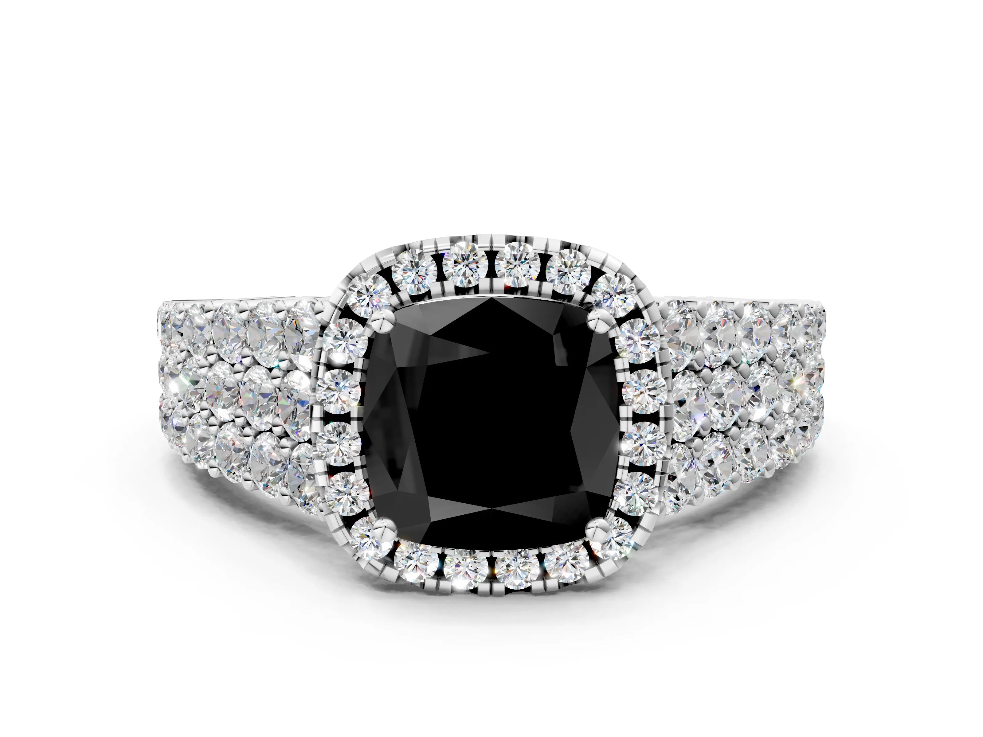 White gold Fancy Black Cushion Cut Halo Pavé Diamond Engagement Ring with Split Shank and Four-Prong Setting_3