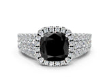 White gold Fancy Black Cushion Cut Halo Pavé Diamond Engagement Ring with Split Shank and Four-Prong Setting_3