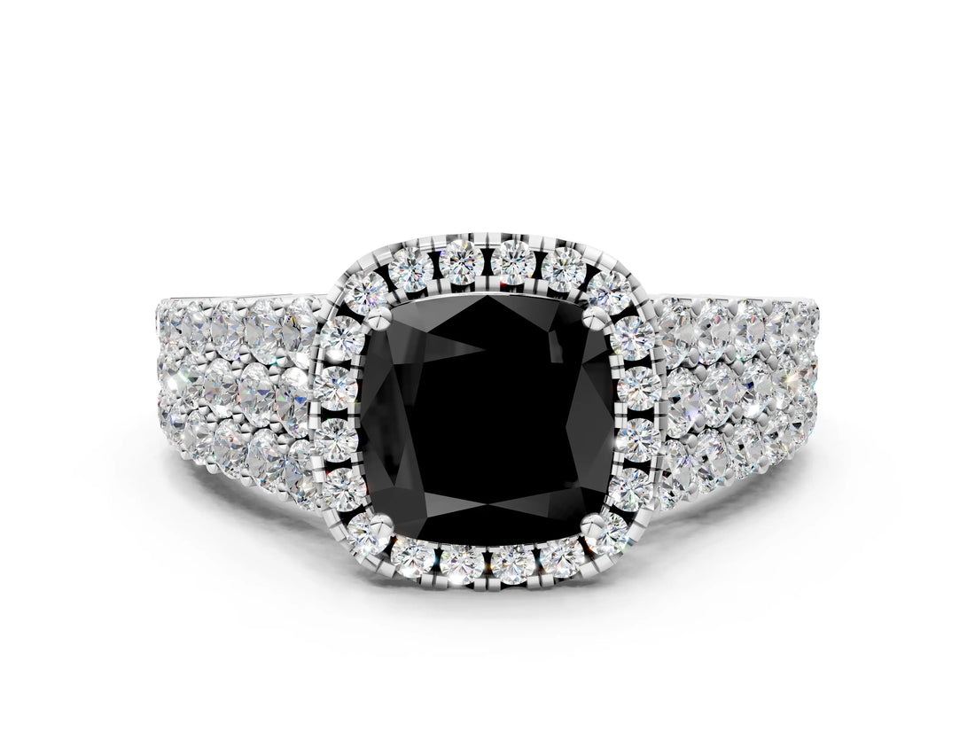 White gold Fancy Black Cushion Cut Halo Pavé Diamond Engagement Ring with Split Shank and Four-Prong Setting_3