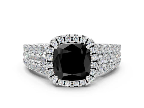 White gold Fancy Black Cushion Cut Halo Pavé Diamond Engagement Ring with Split Shank and Four-Prong Setting_3