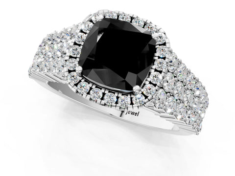 White gold Fancy Black Cushion Cut Halo Pavé Diamond Engagement Ring with Split Shank and Four-Prong Setting_4