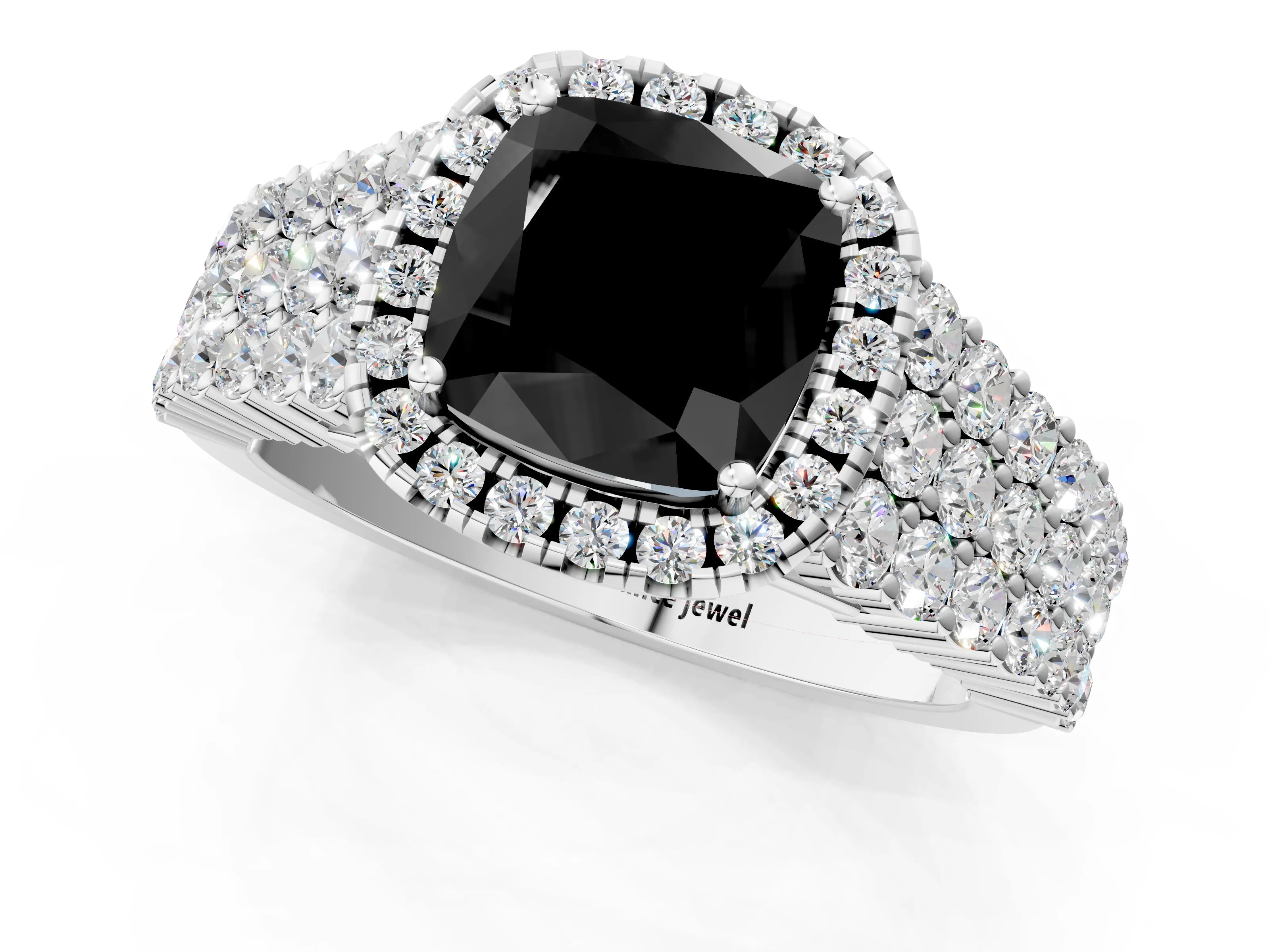 White gold Fancy Black Cushion Cut Halo Pavé Diamond Engagement Ring with Split Shank and Four-Prong Setting_4