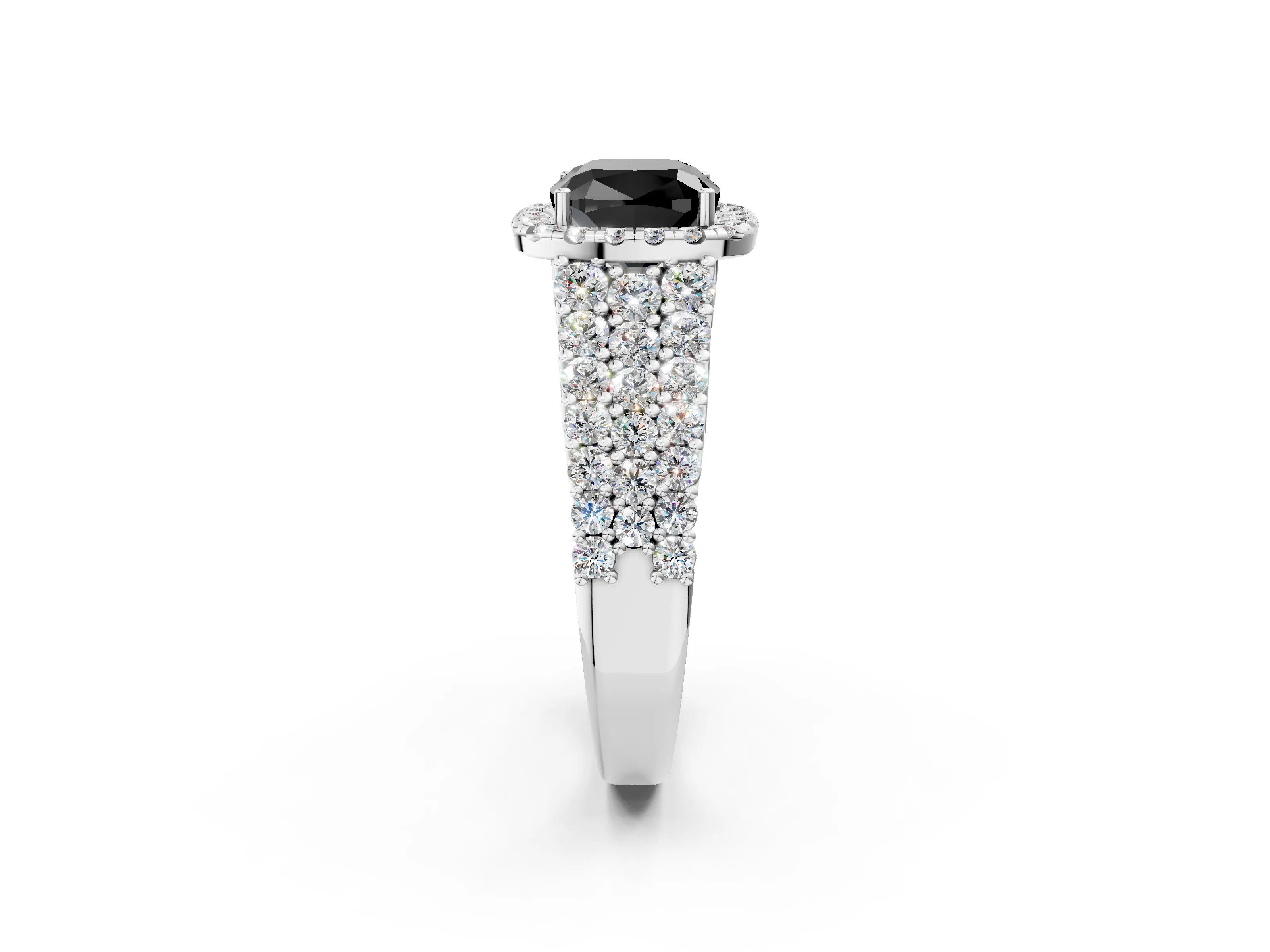 White gold Fancy Black Cushion Cut Halo Pavé Diamond Engagement Ring with Split Shank and Four-Prong Setting_5