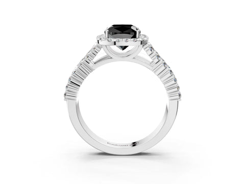 White gold Fancy Black Cushion Cut Halo Pavé Diamond Engagement Ring with Split Shank and Four-Prong Setting_6