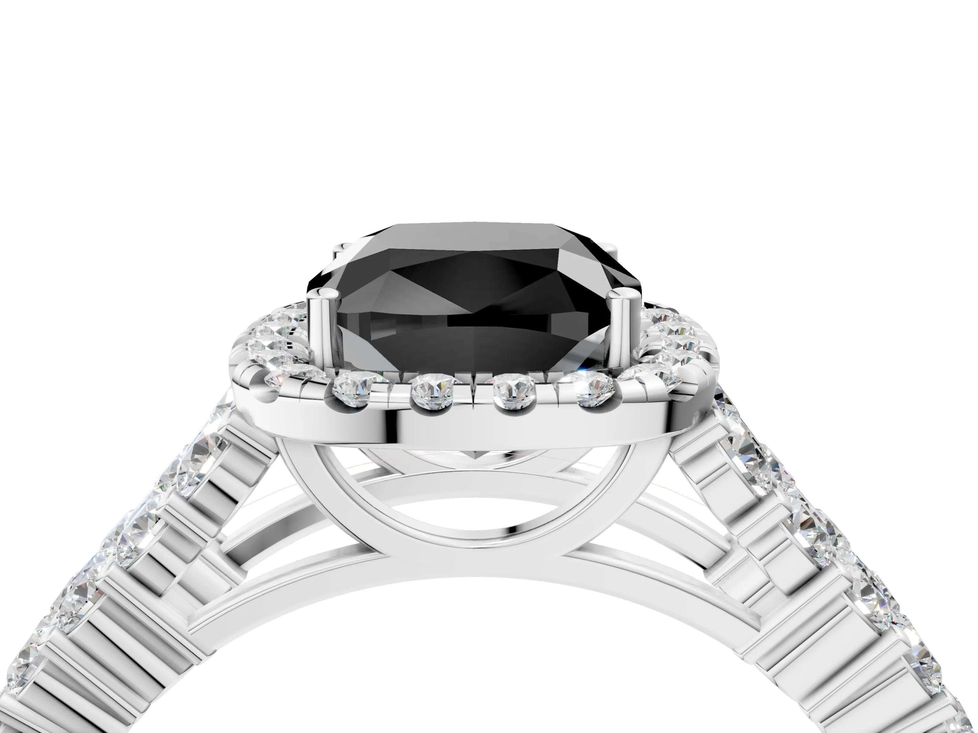 White gold Fancy Black Cushion Cut Halo Pavé Diamond Engagement Ring with Split Shank and Four-Prong Setting_7