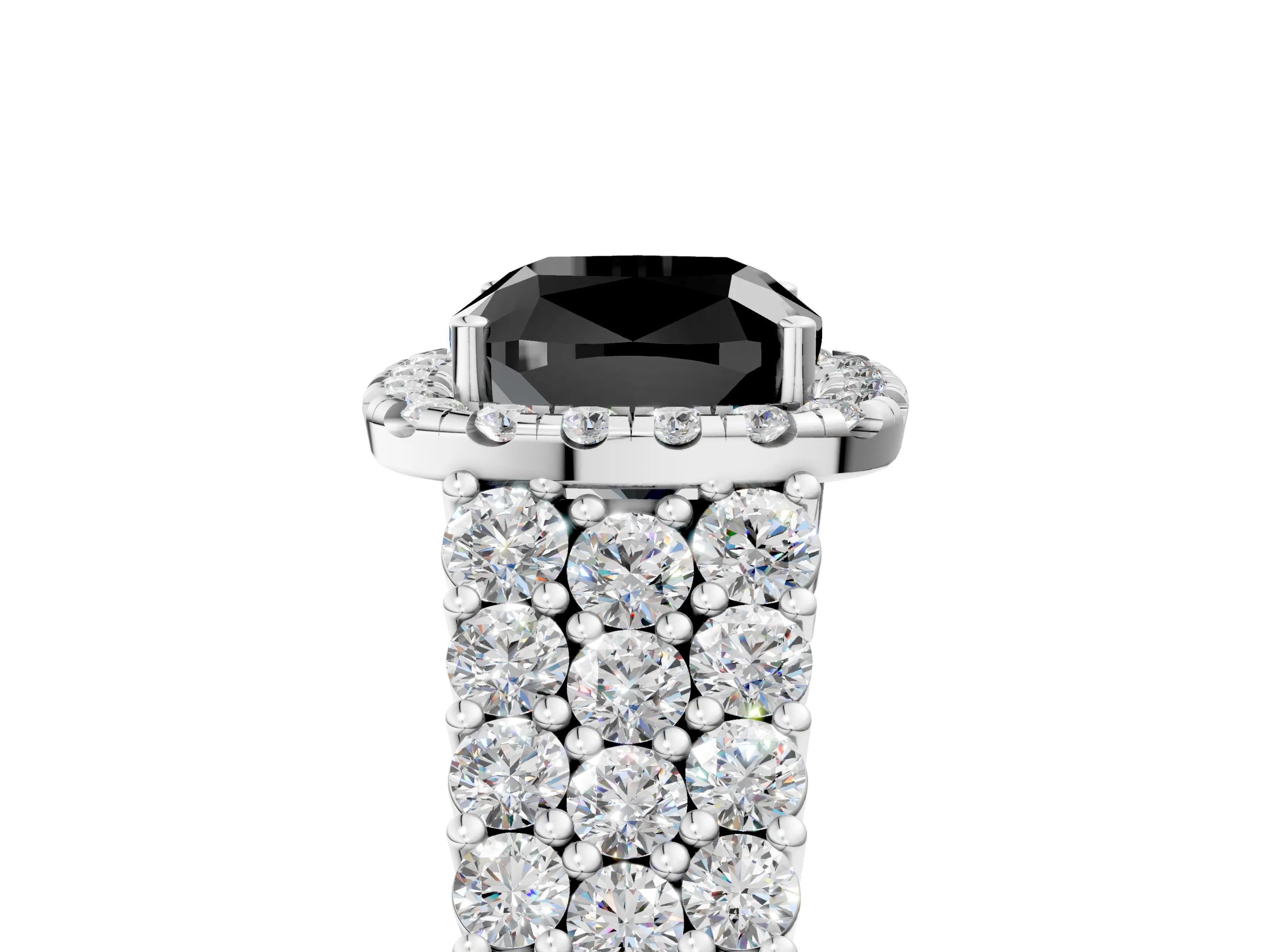 White gold Fancy Black Cushion Cut Halo Pavé Diamond Engagement Ring with Split Shank and Four-Prong Setting_8