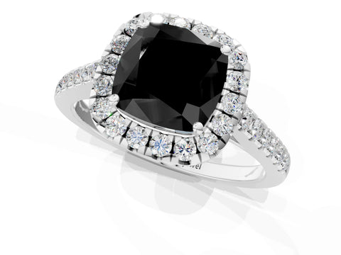 White gold Fancy Black Cushion Cut Halo Pave Diamond Engagement Ring with Four-Prong Setting_1