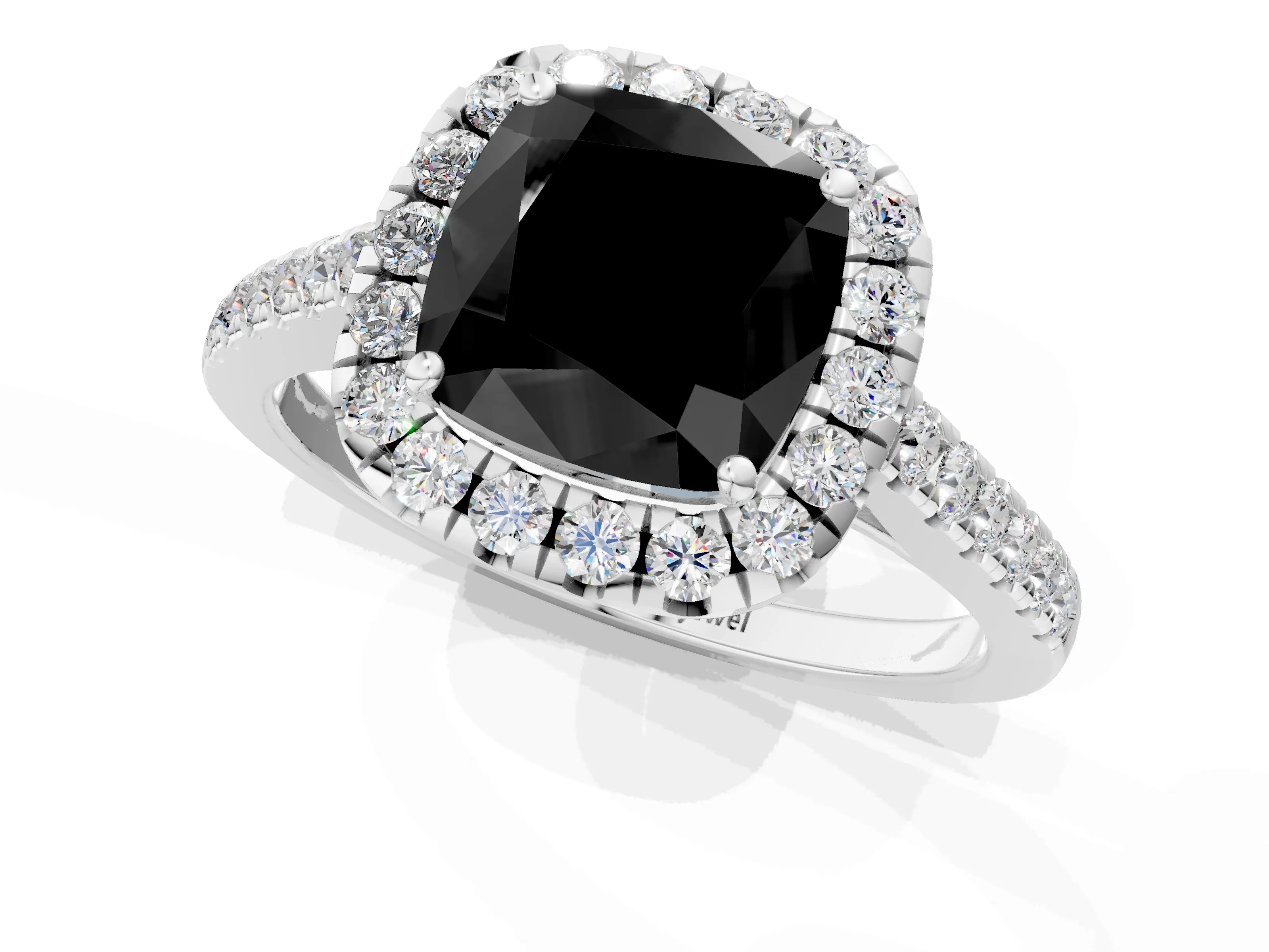 White gold Fancy Black Cushion Cut Halo Pave Diamond Engagement Ring with Four-Prong Setting_1