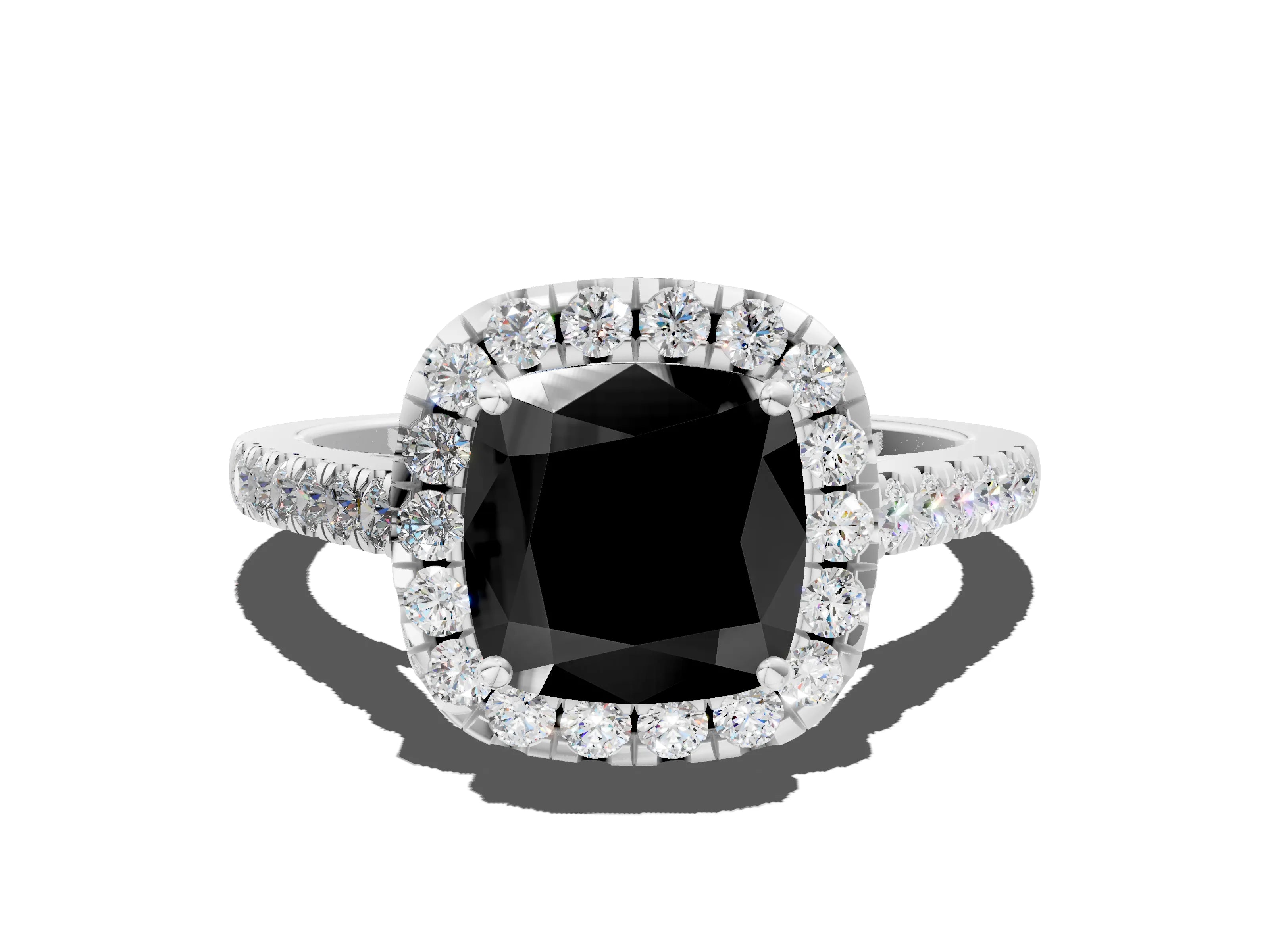 White gold Fancy Black Cushion Cut Halo Pave Diamond Engagement Ring with Four-Prong Setting