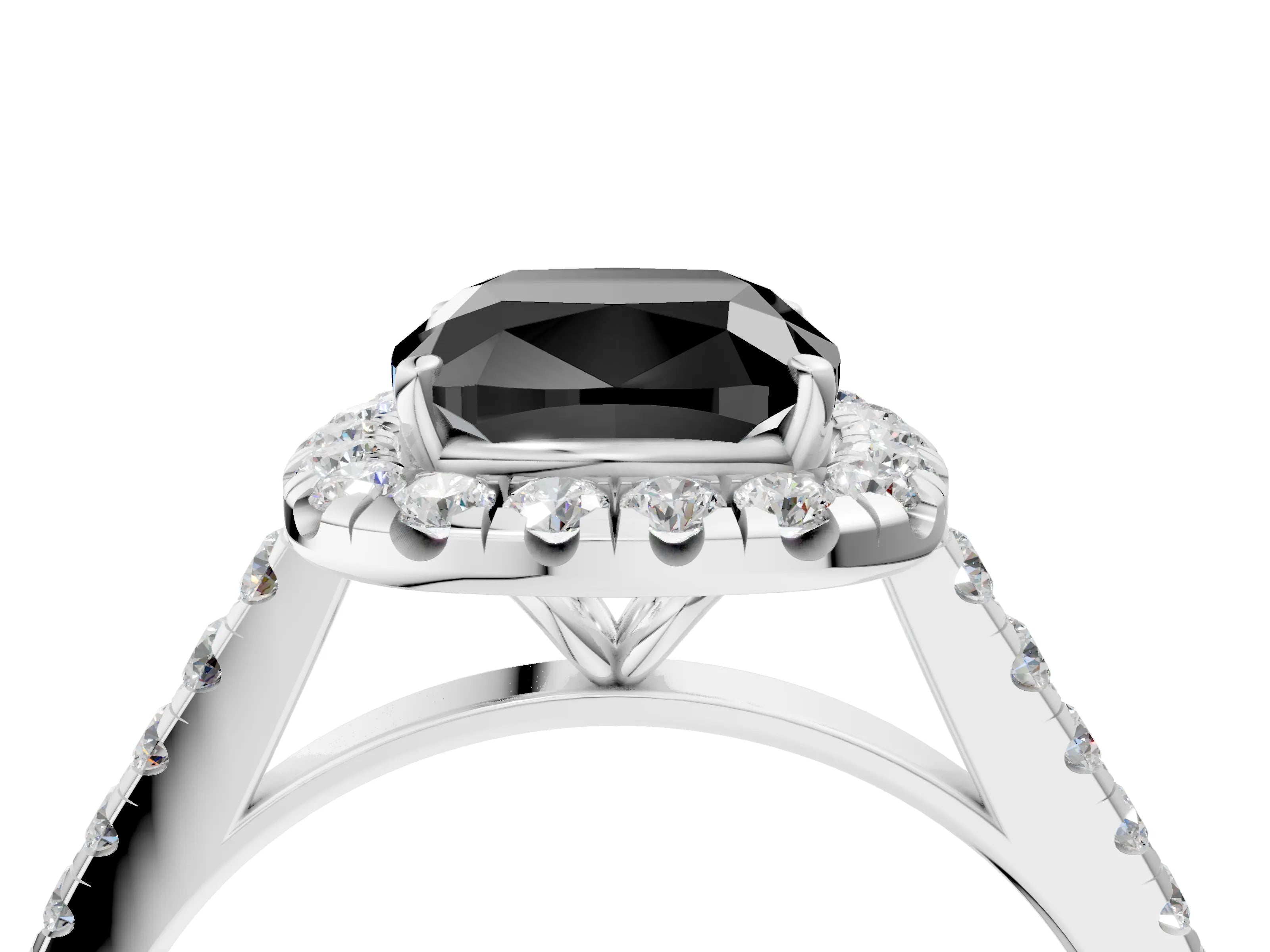 White gold Fancy Black Cushion Cut Halo Pave Diamond Engagement Ring with Four-Prong Setting_4