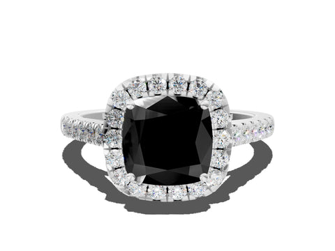 White gold Fancy Black Cushion Cut Halo Pave Diamond Engagement Ring with Four-Prong Setting