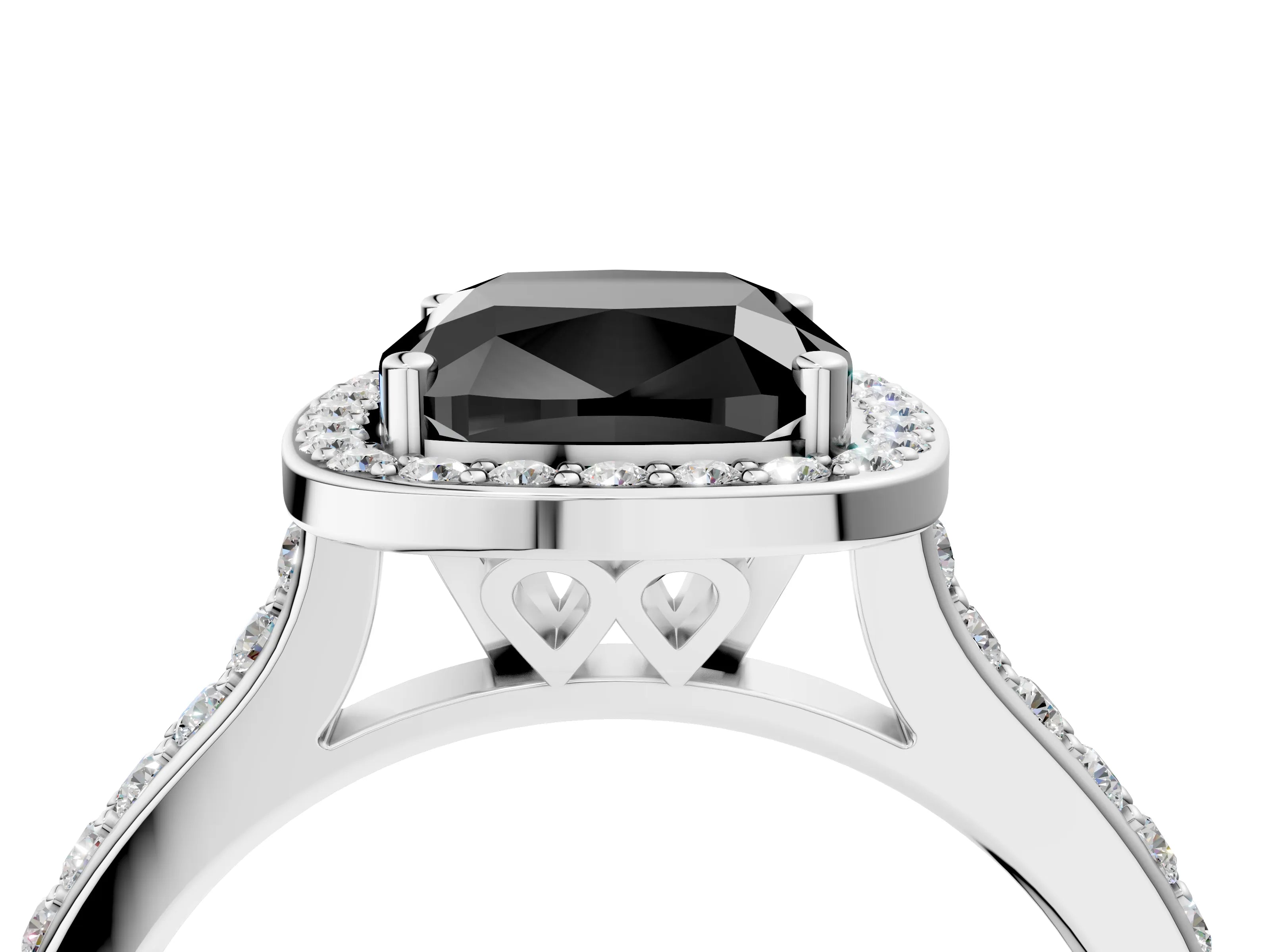 White gold Fancy Black Cushion Cut Halo Round Diamond Pavé Band with Four-Prong Setting_41