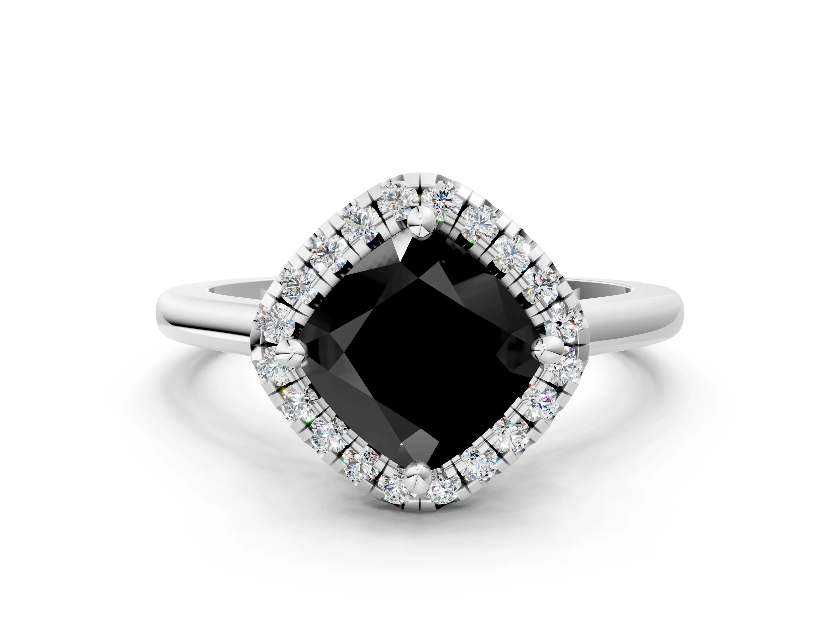 White gold Fancy Black Cushion Cut Halo Round Diamond Solitaire Engagement Ring with Pave Band and Four-Prong Setting_25