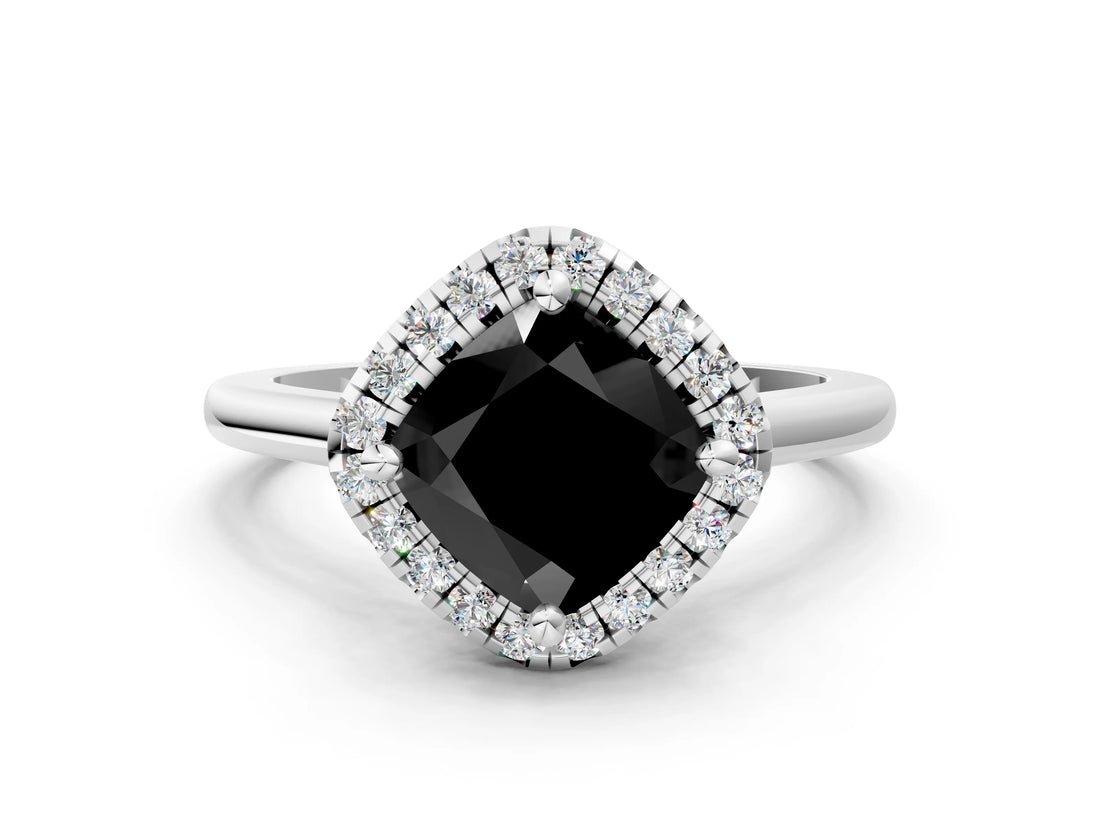 White gold Fancy Black Cushion Cut Halo Round Diamond Solitaire Engagement Ring with Pave Band and Four-Prong Setting_25