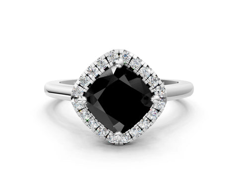 White gold Fancy Black Cushion Cut Halo Round Diamond Solitaire Engagement Ring with Pave Band and Four-Prong Setting_25