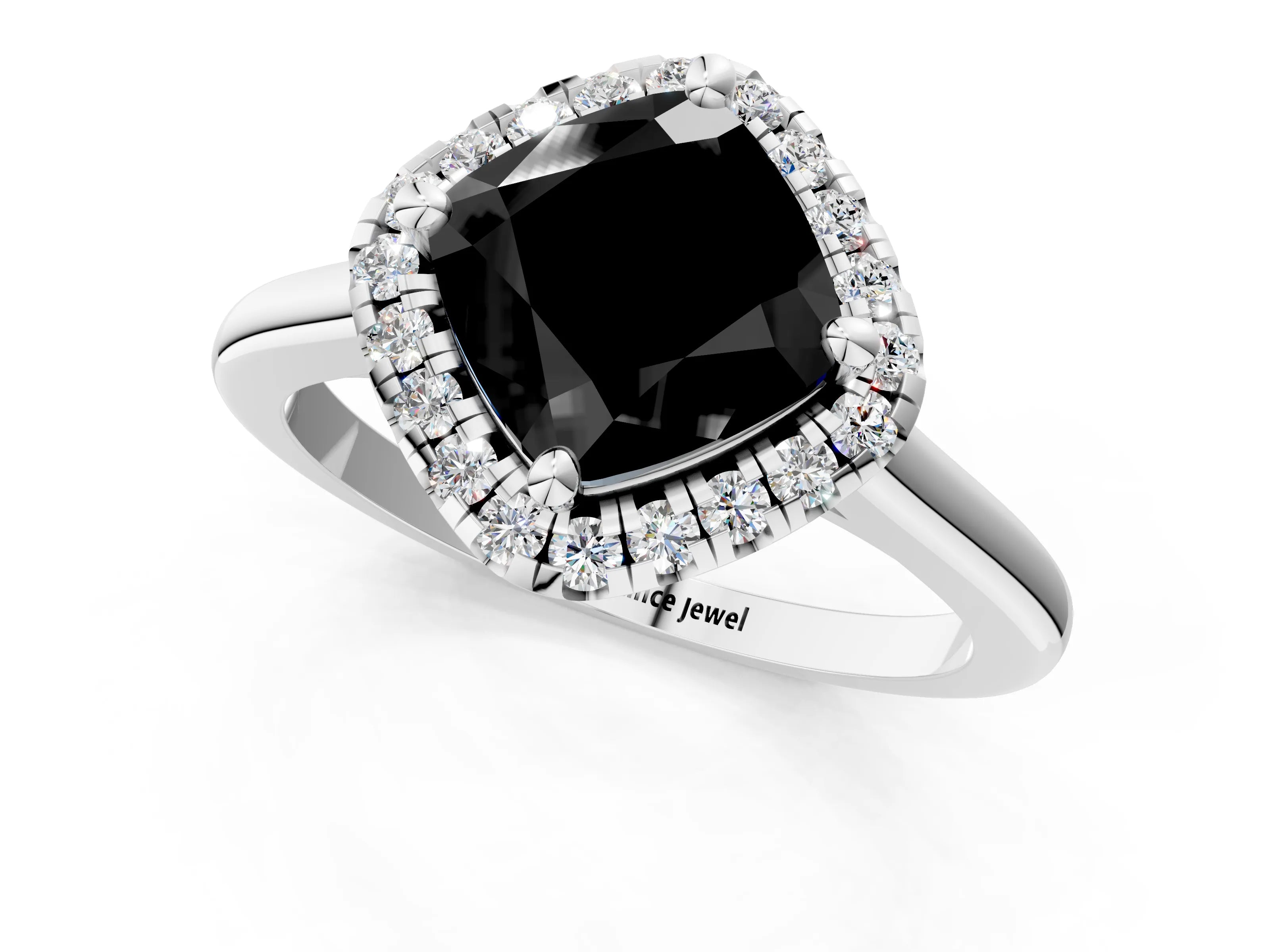 White gold Fancy Black Cushion Cut Halo Round Diamond Solitaire Engagement Ring with Pave Band and Four-Prong Setting_26