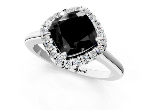 White gold Fancy Black Cushion Cut Halo Round Diamond Solitaire Engagement Ring with Pave Band and Four-Prong Setting_26