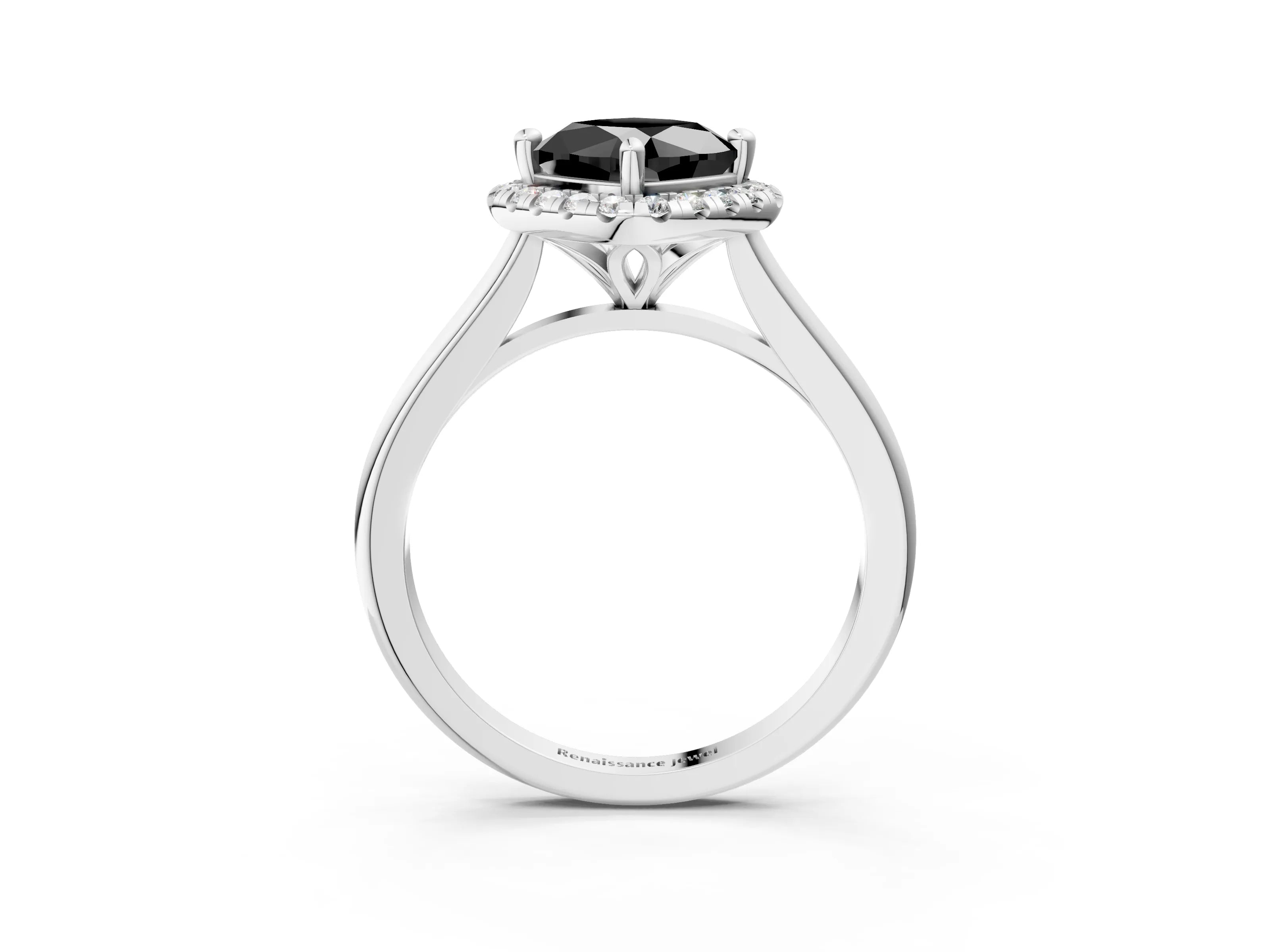 White gold Fancy Black Cushion Cut Halo Round Diamond Solitaire Engagement Ring with Pave Band and Four-Prong Setting_28