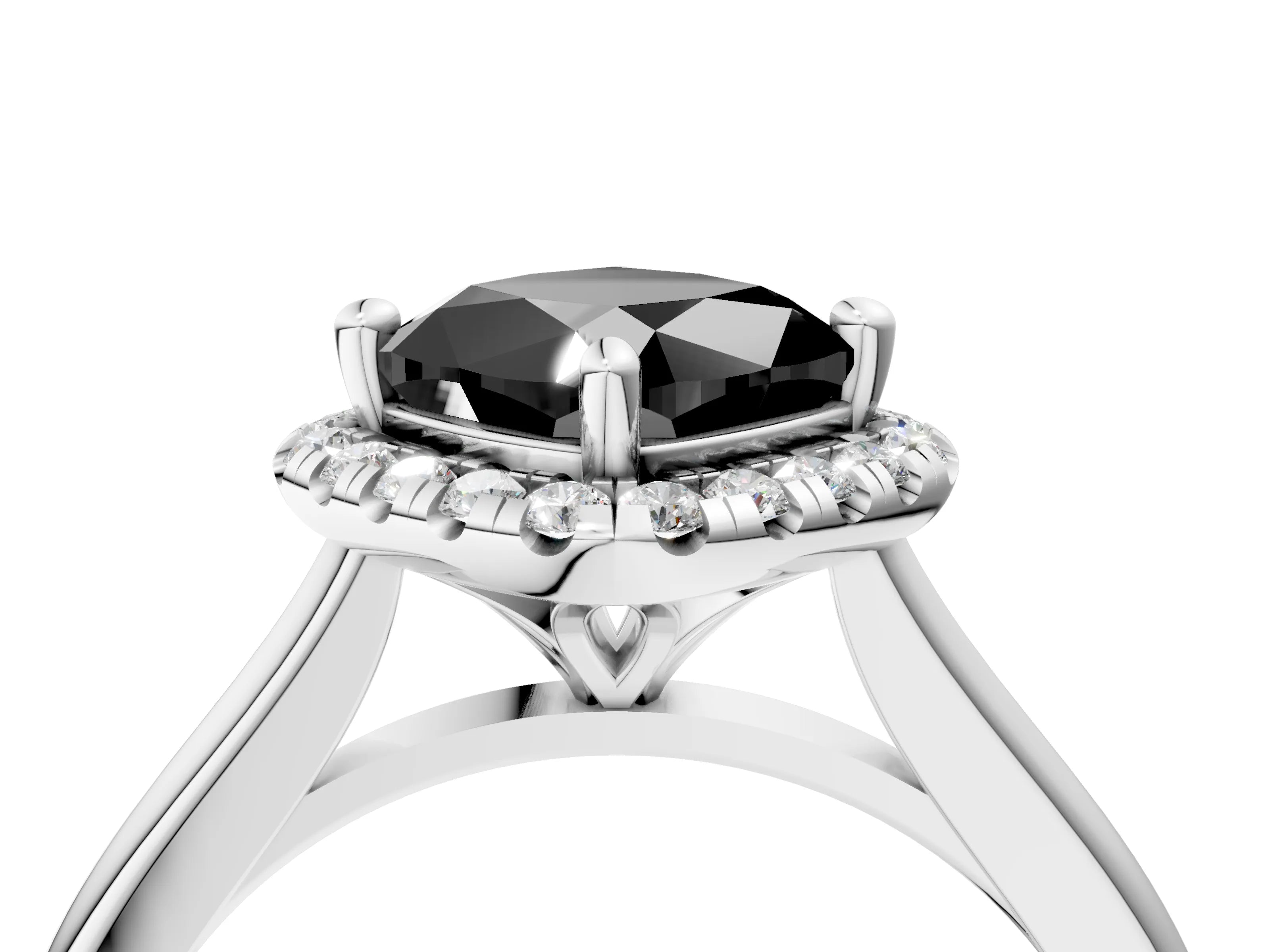 White gold Fancy Black Cushion Cut Halo Round Diamond Solitaire Engagement Ring with Pave Band and Four-Prong Setting_29