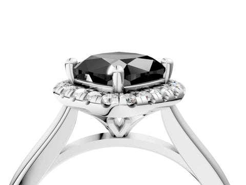 White gold Fancy Black Cushion Cut Halo Round Diamond Solitaire Engagement Ring with Pave Band and Four-Prong Setting_29