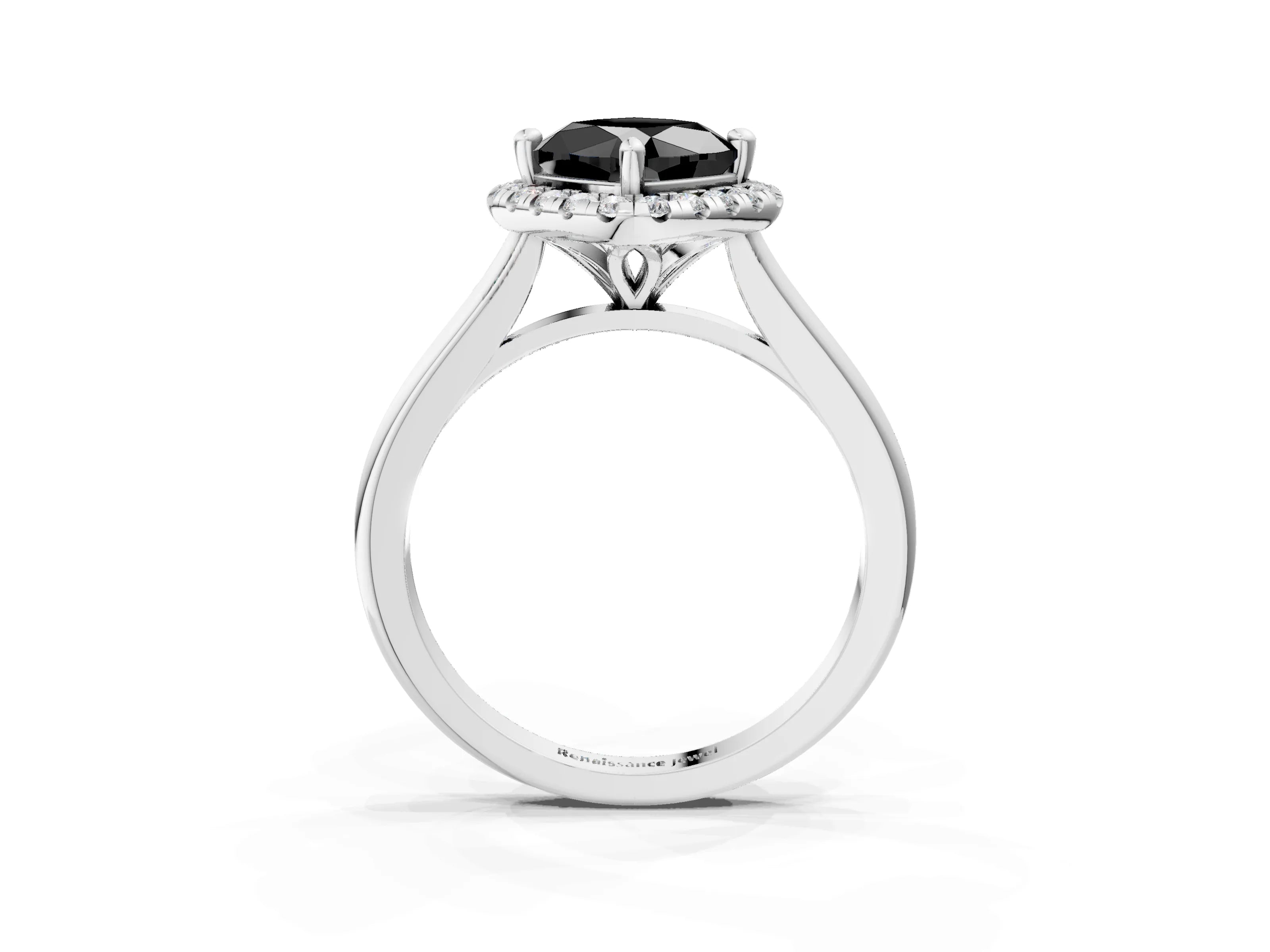 White gold Fancy Black Cushion Cut Halo Round Diamond Solitaire Engagement Ring with Pave Band and Four-Prong Setting_3