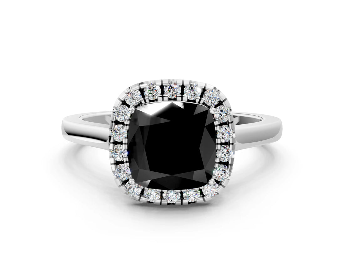 White gold Fancy Black Cushion Cut Halo Round Diamond Solitaire Ring with Pavé Band and Four-Prong Setting_12