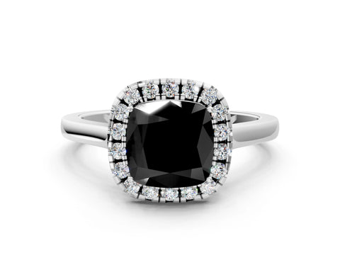 White gold Fancy Black Cushion Cut Halo Round Diamond Solitaire Ring with Pavé Band and Four-Prong Setting_12