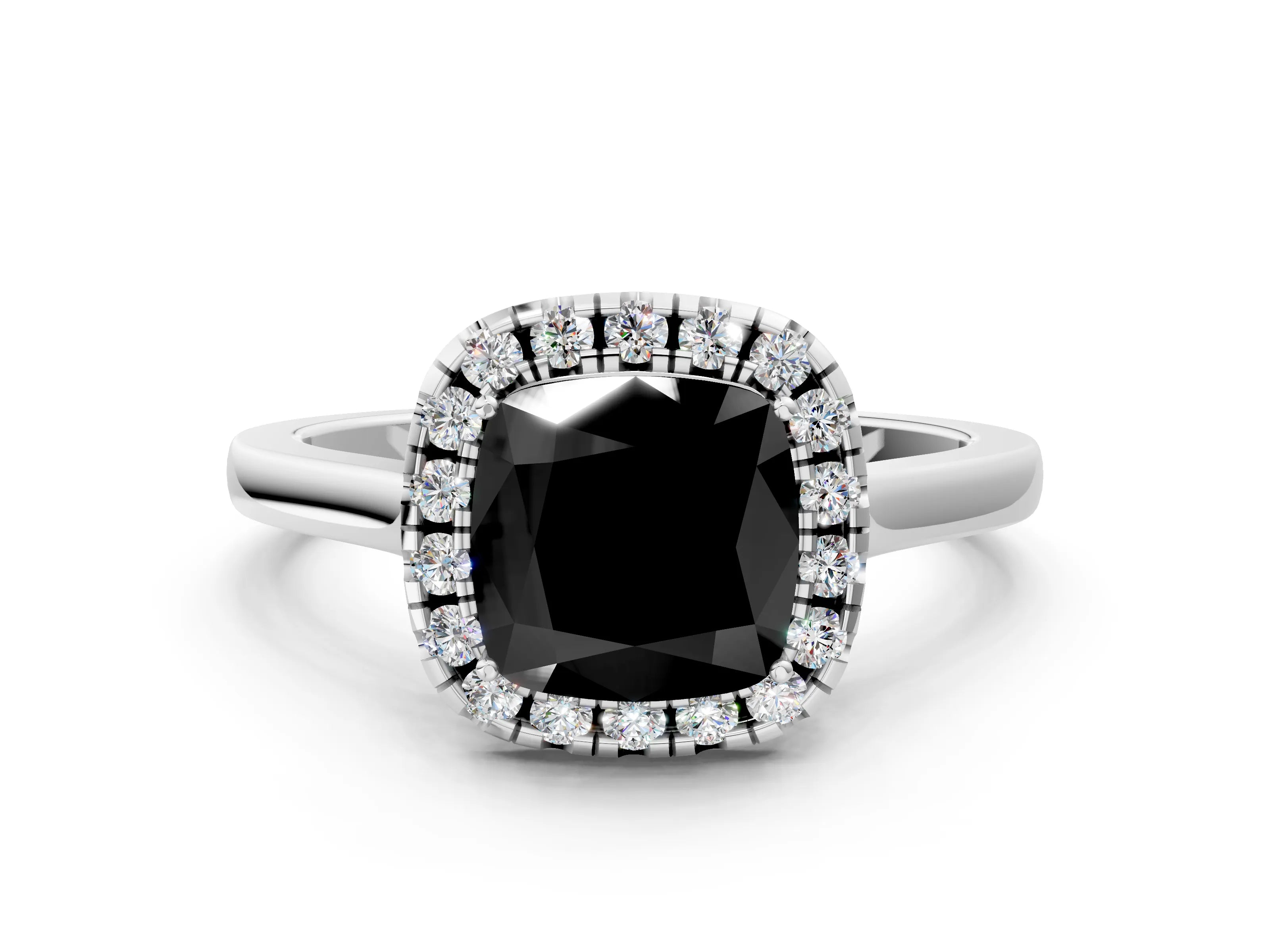 White gold Fancy Black Cushion Cut Halo Round Diamond Solitaire Ring with Pavé Band and Four-Prong Setting_12