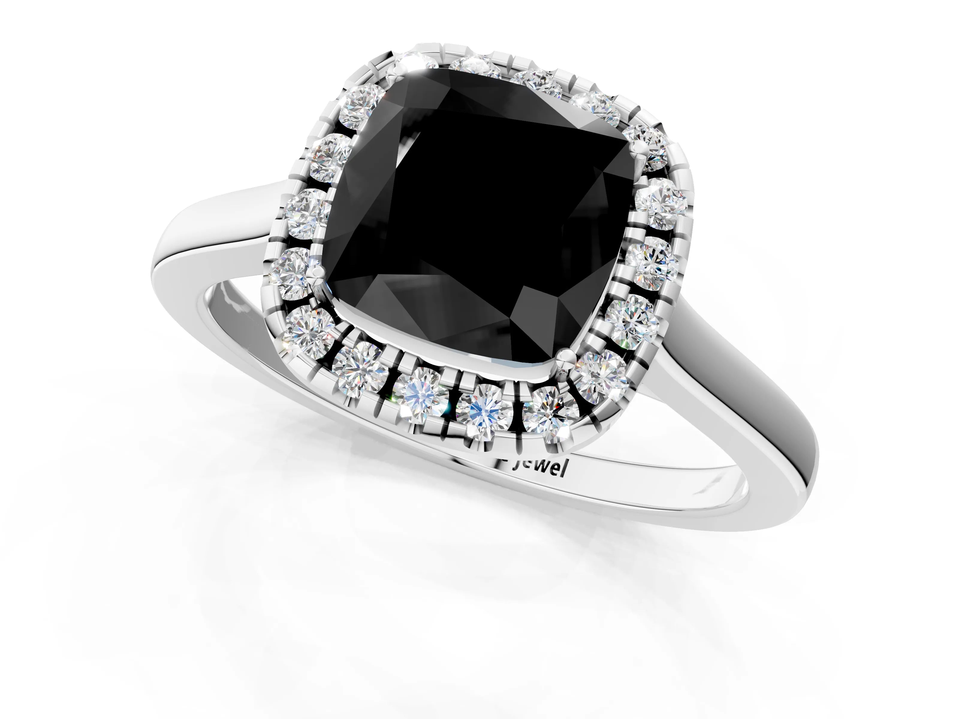 White gold Fancy Black Cushion Cut Halo Round Diamond Solitaire Ring with Pavé Band and Four-Prong Setting_13