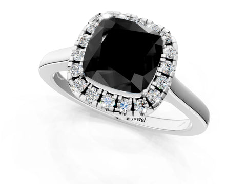 White gold Fancy Black Cushion Cut Halo Round Diamond Solitaire Ring with Pavé Band and Four-Prong Setting_13